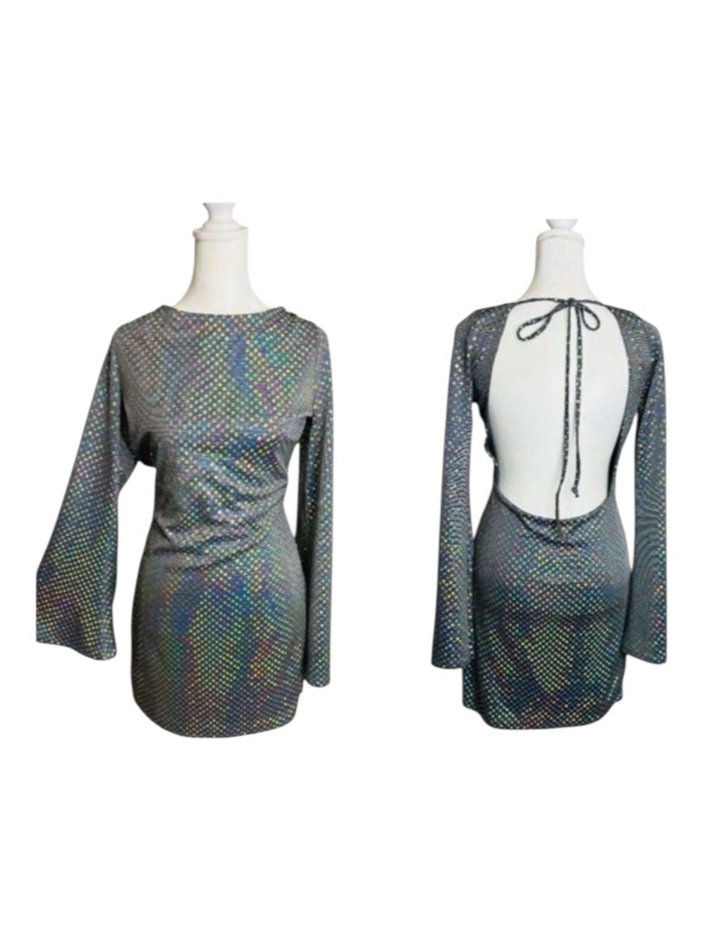 Sequin Party Dress Mini Holographic Silver LARGE Bell Sleeves Backless Bodycon